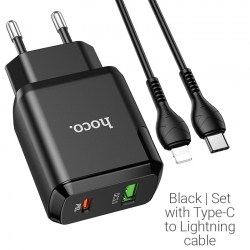 Мережевий зарядний пристрій Hoco N5 USB QC3.0 3A, Type-C PD - Lightning 1m Чорний